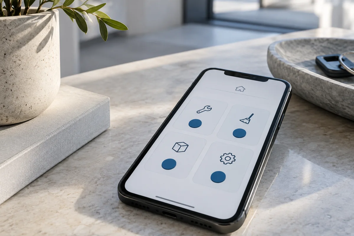 Illustrative a close angled phone with a minimal service-request app interface