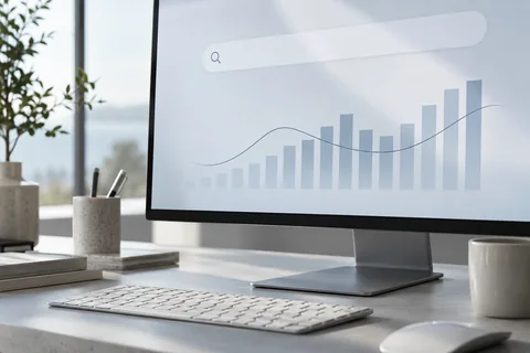 Illustrative a close monitor with a restrained abstract performance chart and search interface
