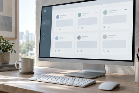 Illustrative a workspace monitor showing a clean feedback response dashboard of empty abstract cards