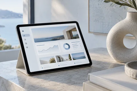 Illustrative a tablet with a clean user dashboard beside an architectural ceramic object