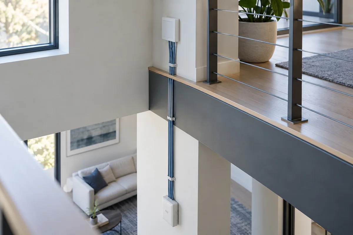 Illustrative two floor levels of a modern interior connected by a visible neat vertical cable route