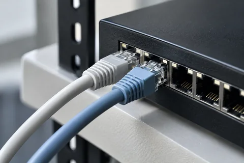 Illustrative two neatly dressed cable routes entering a matte black switch