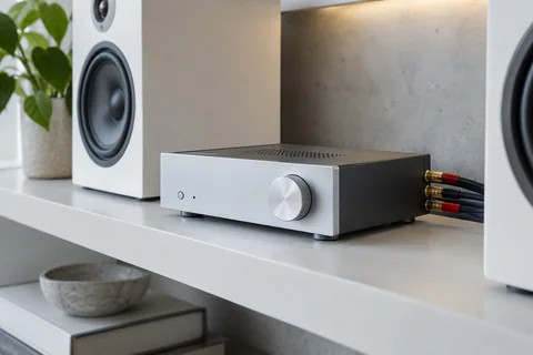 Illustrative a tiny audio amplifier and neatly terminated speaker wires on a clean technical shelf