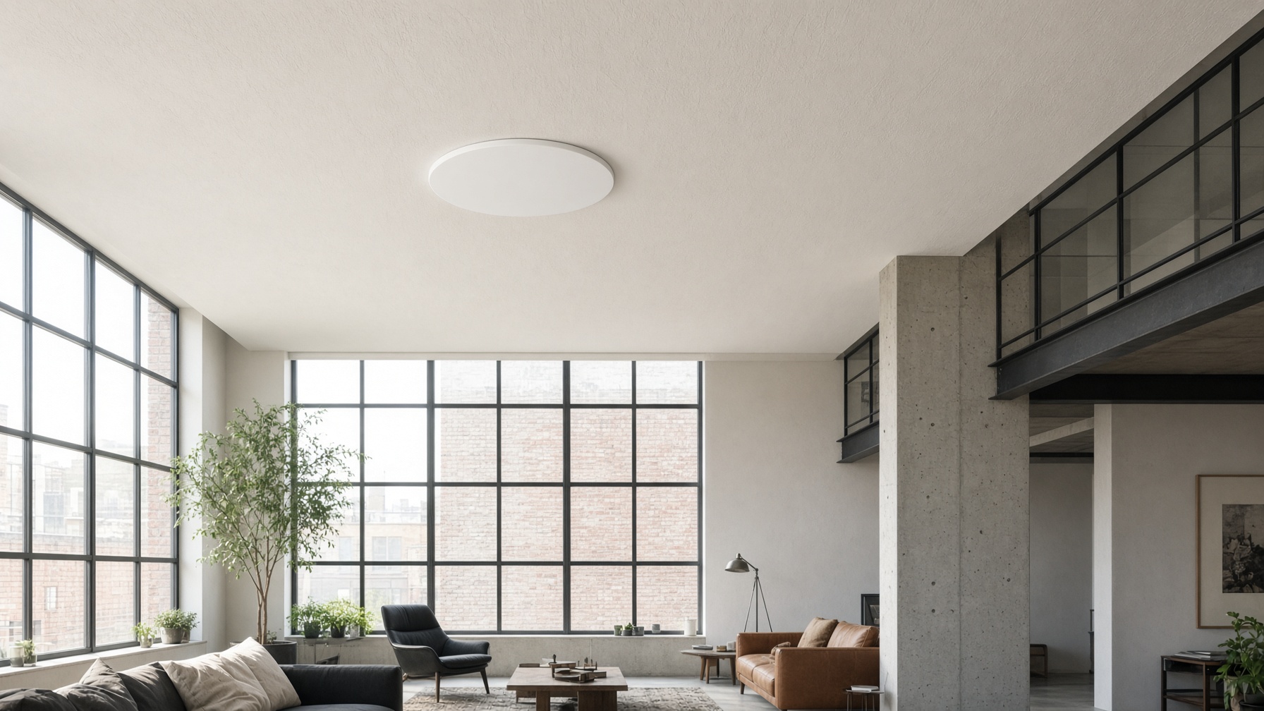 Slim white circular ceiling access point in a modern interior